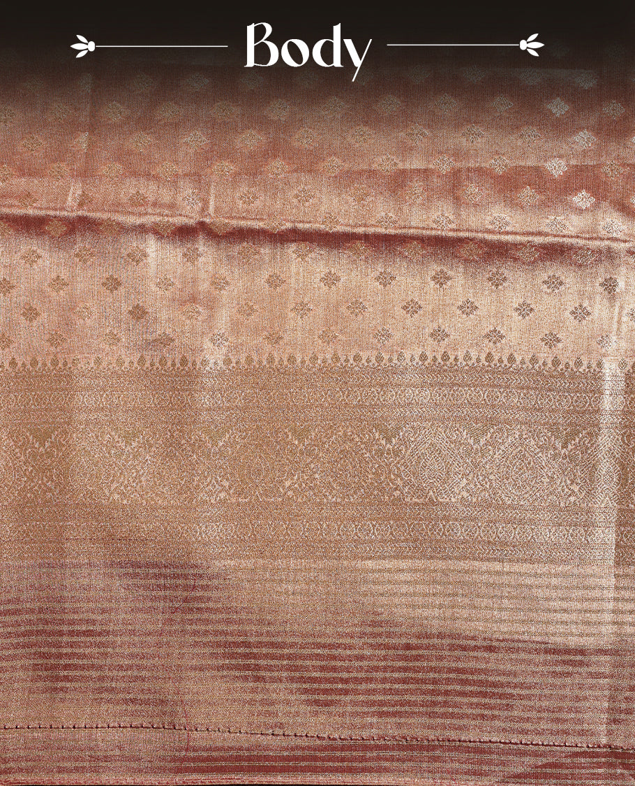 Brown, light brown , gold triple shade colour semi Tissue silk saree featuring gold zari motifs on body, complemented by gold zari traditional border, paired with matching blouse piece.