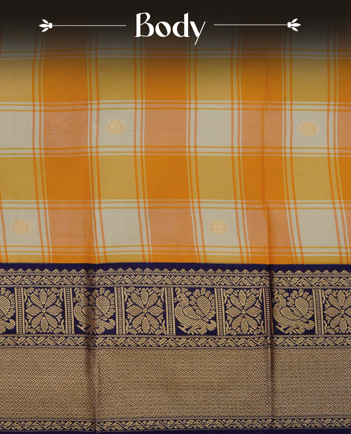 Orange and grey colour soft silk saree featuring gold zari buttas & checks on body, contrast navy blue colour detailed floral & peacock motifs on border, with grand pallu comes with matching blouse piece.
