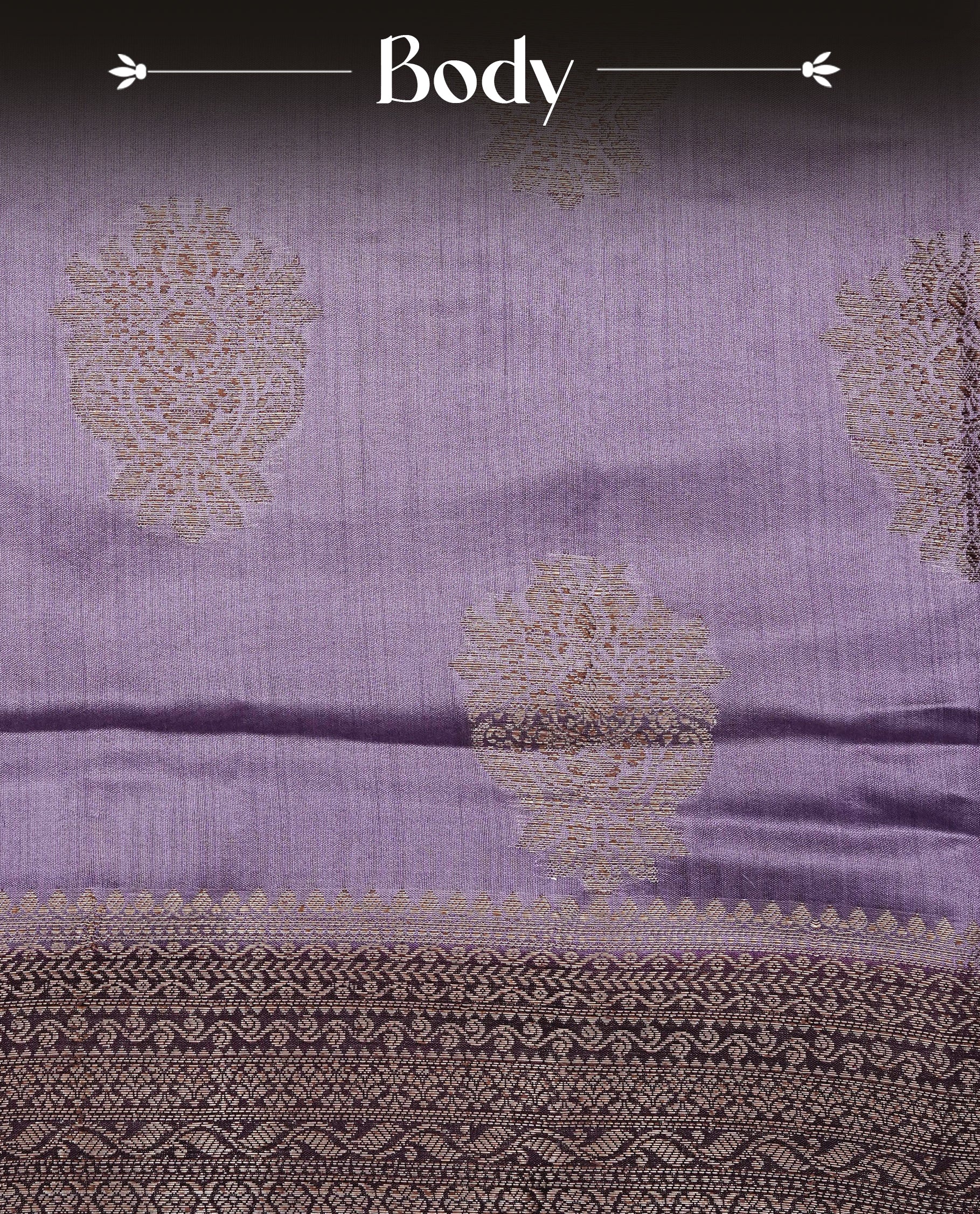 Lavender Colour Tussar Silk saree with elegant antique zari floral motifs On Body, a contrasting Wine zari border, a rich zari pallu, Paired With a matching blouse piece.