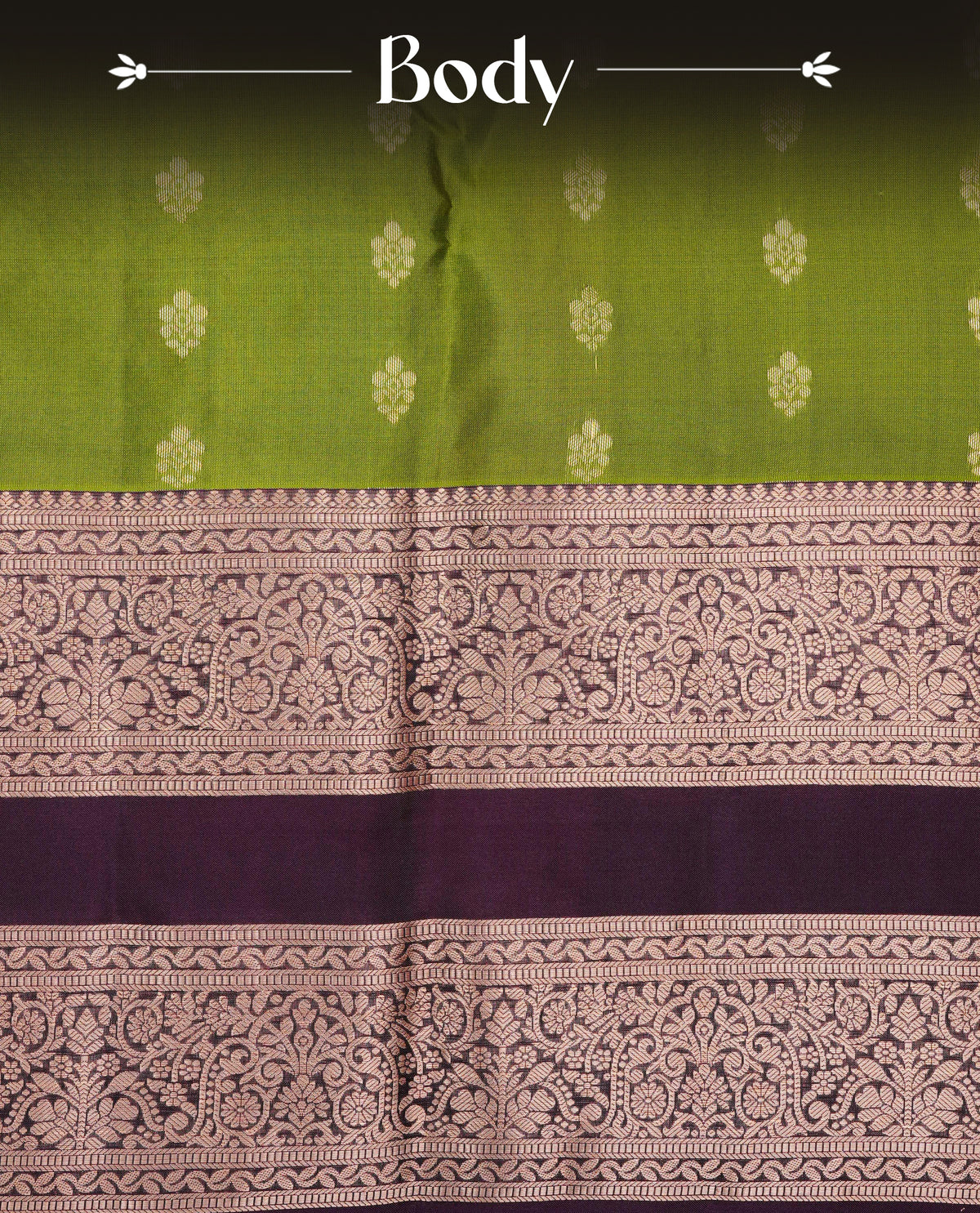 Green colour Traditional Kancheepuram Silk Saree with Elegant Gold Zari Buttas on the Body, Enhanced with a Contrast Dark Wine Colour with Gold Zari Border and Rich Pallu, Paired with a Matching Blouse Piece.