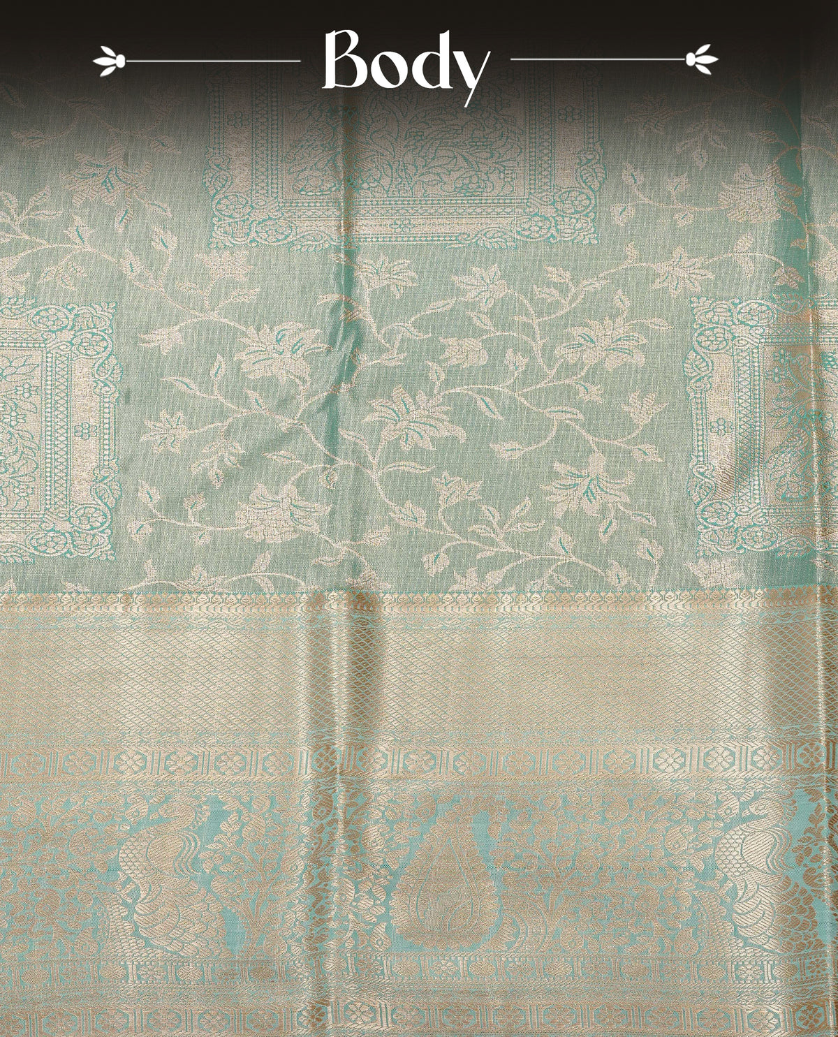 Aqua Blue colour Semi Tissue Silk Saree featuring gold zari floral kodi Works on the body, complemented by an intricately woven gold zari pallu, a rich self-coloured border with gold zari work, and paired with a matching plain blouse piece.
