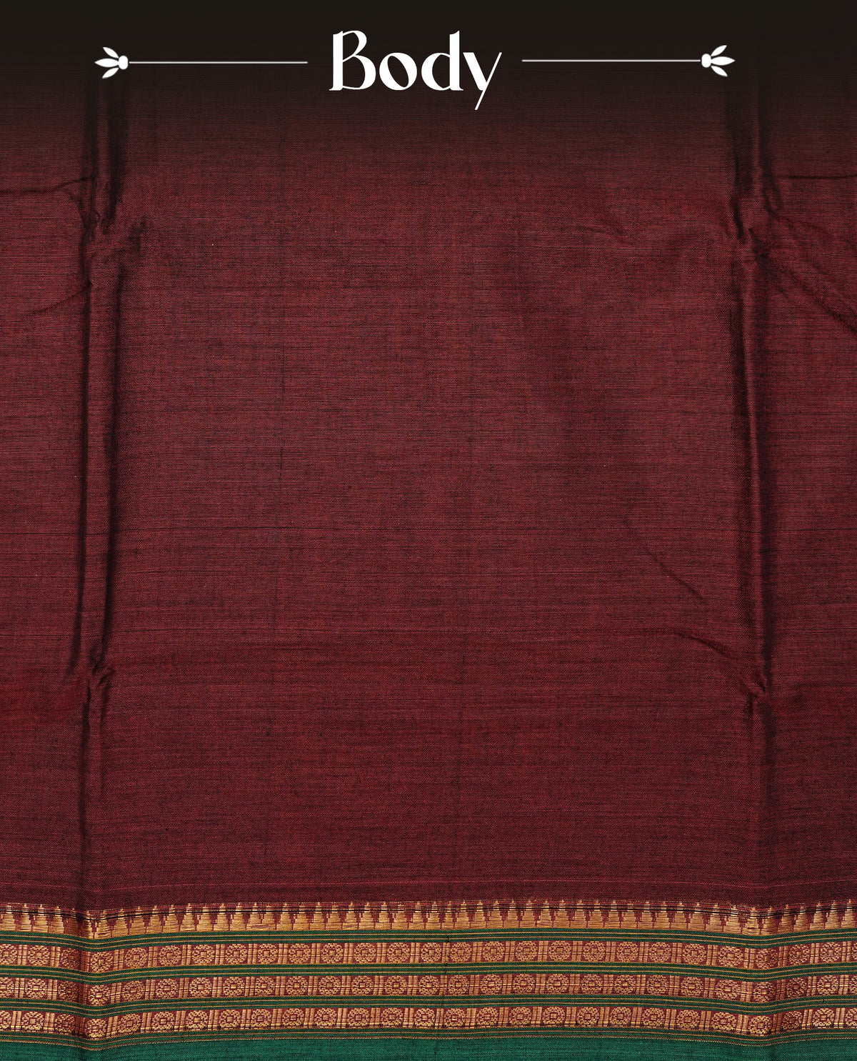 Maroon colour Narayanapattu cotton saree with a plain body, complemented by a Green colour with Gold Zari border & contrast pallu, paired with a matching blouse piece