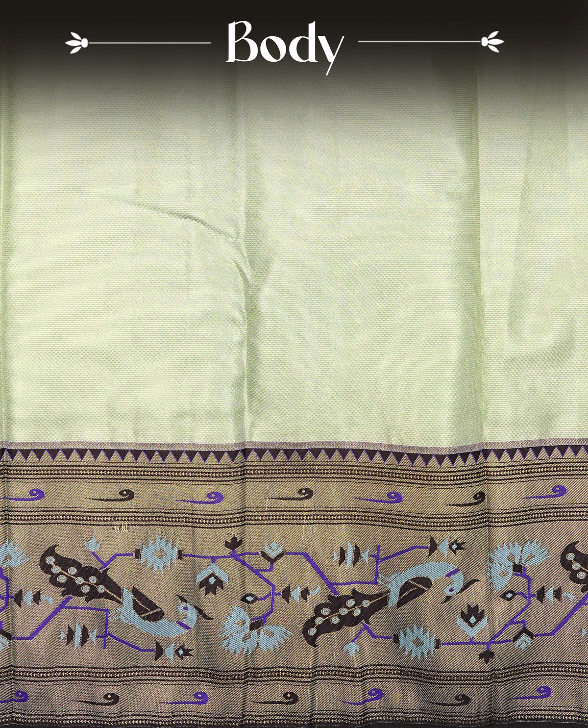 Light Green Colour Semi Tissue Silk Saree featuring a Plain body, complemented by an intricately woven floral zari pallu, a rich Dark Chocolate Brown and gold zari border, and paired with a matching plain blouse piece