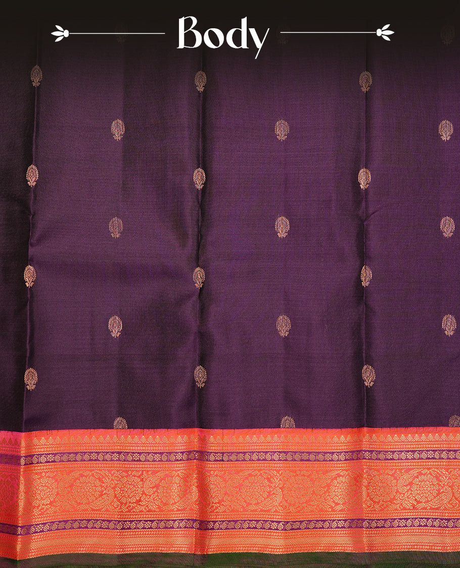Purple colour traditional kancheepuram silk saree featuring gold zari motifs on body, complemented by contrast orange & green colour with gold zari traditional border, paired with matching blouse piece.