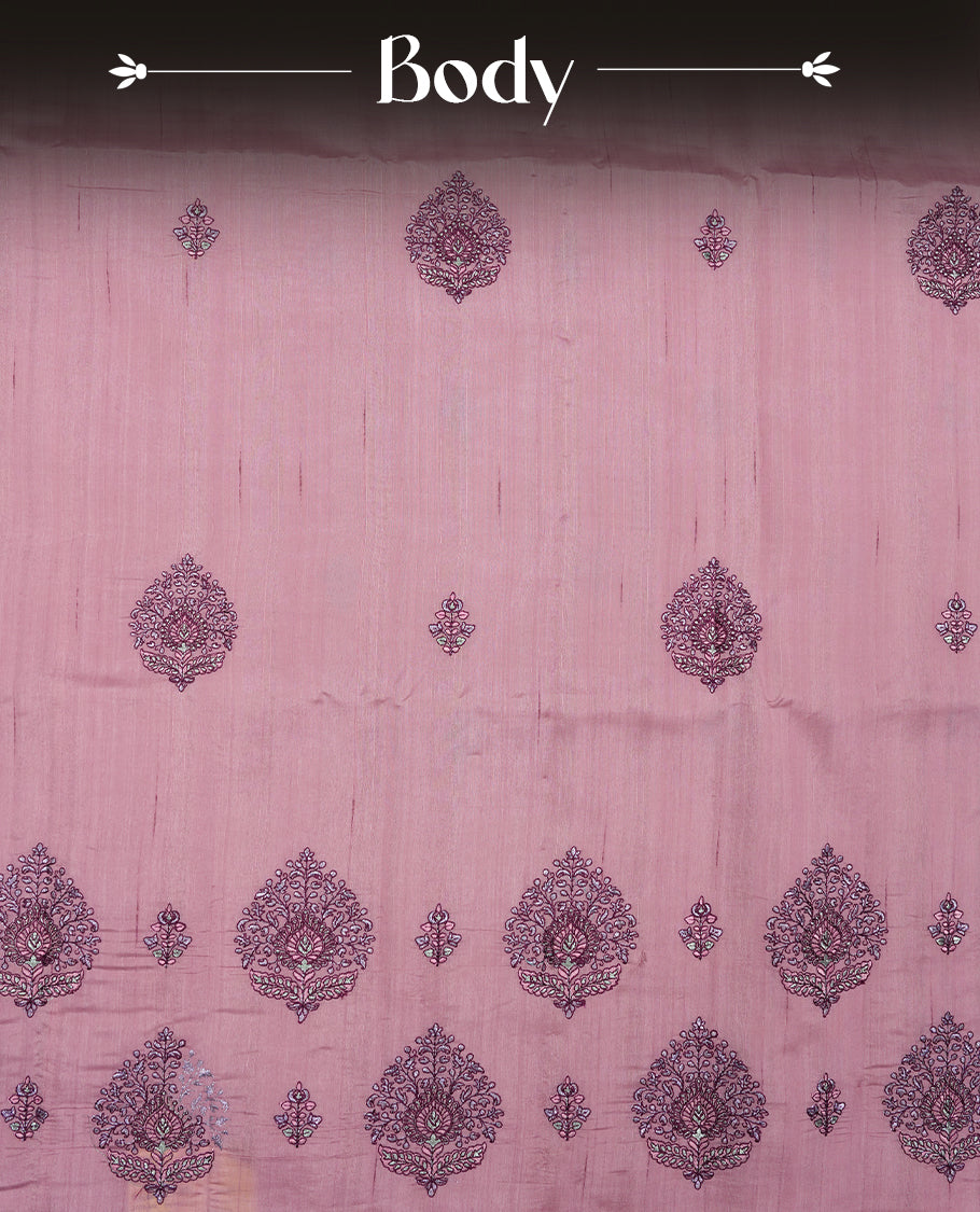 Pink colour semi tusser silk saree featuring Floral thread embroidery across body, without border and paired with matching blouse.