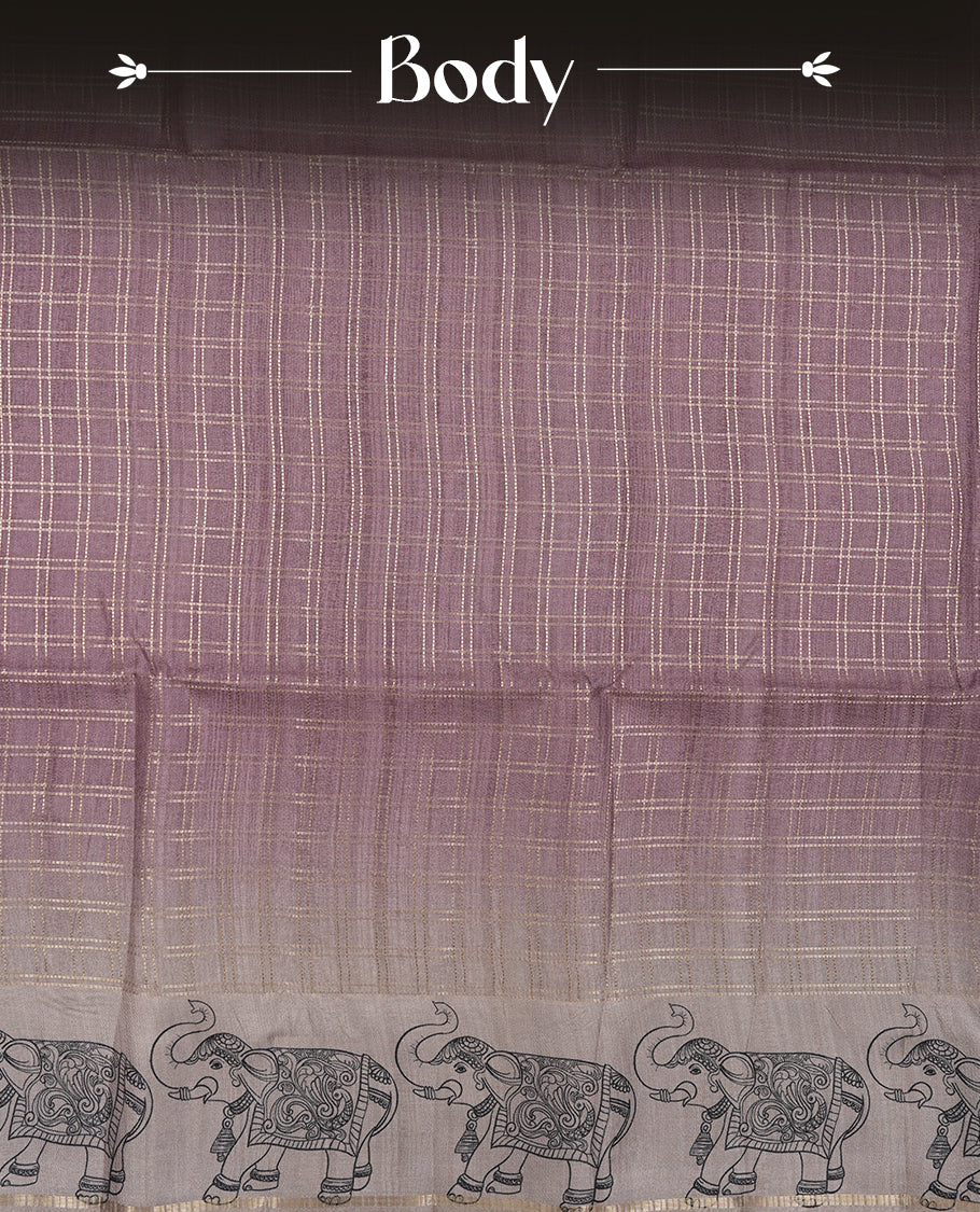 Purple colour semi tusser silk saree featuring Gold zari check pattern across body, faded contrast cream colour border with elephant print and paired with matching blouse.