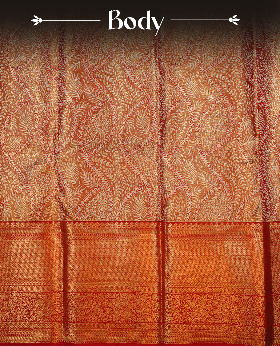 Gold & red double shade colour kancheepuram tissue silk saree featuring gold zari floral kodi pattern on body, complemented by contrast red colour with traditional border, paired with matching blouse piece.