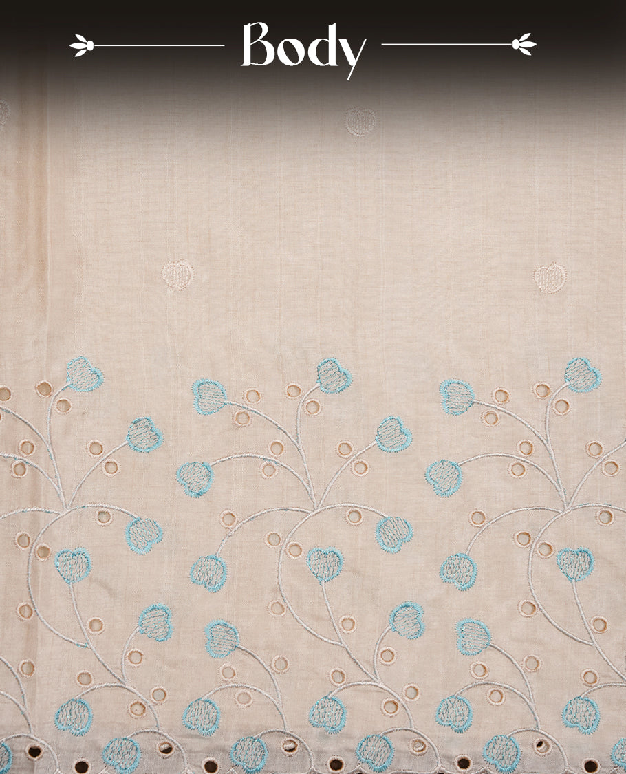 Beige colour Tussar silk saree featuring Elegant plain body, highlighting Blue colour thread floral kodi worked scalp border, pallu and paired with matching blouse piece.