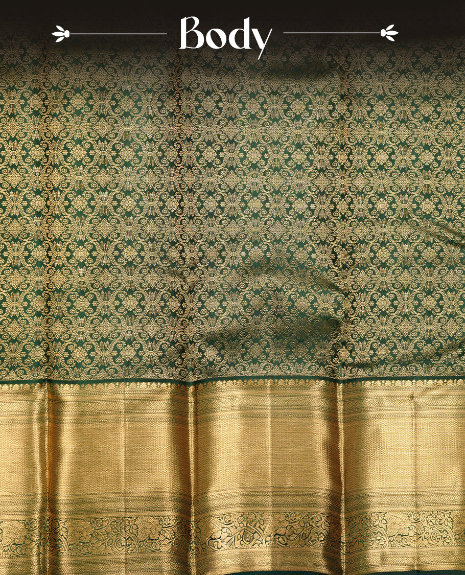 Bottle green colour kancheepuram silk saree featuring gold zari pattern across body, complemented by selfcolour border traditional zari border, paired with matching blouse piece.