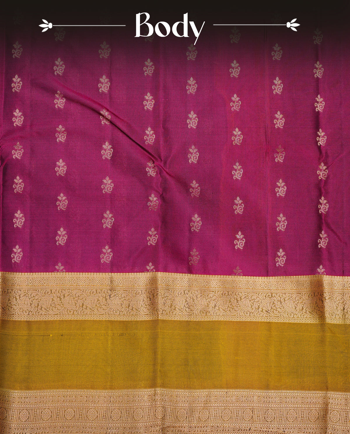 Burgundy colour Traditional Kancheepuram Silk Saree with Elegant Gold Zari Buttas on the Body, Enhanced with a Contrast Mustard olive Colour with Gold Zari Border and Rich Pallu, Paired with a Matching Blouse Piece.