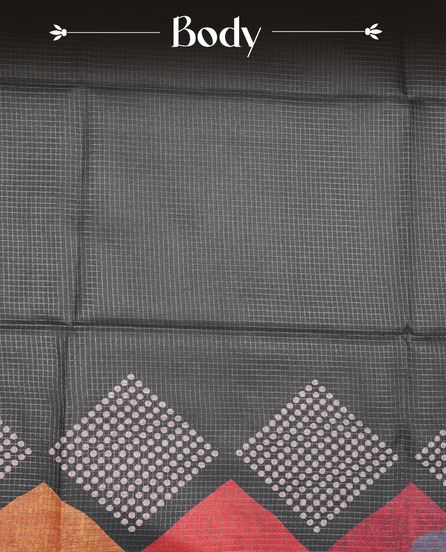 Soft charcoal grey colour semi tussar silk saree with fine striped texture and a subtle geometric body design. Finished with a classic striped pallu and tassel edges.