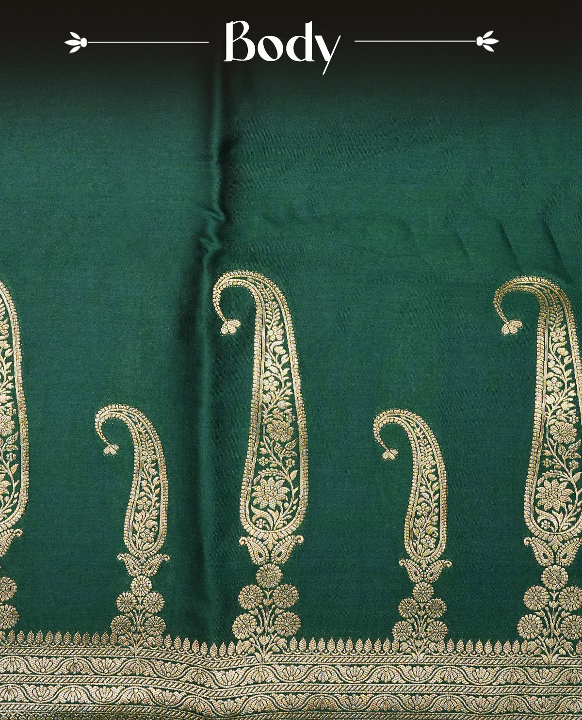 Green colour Banaras satin crepe silk saree featuring Plain body, associate with Gold zari traditional border, comes with matching blouse piece.