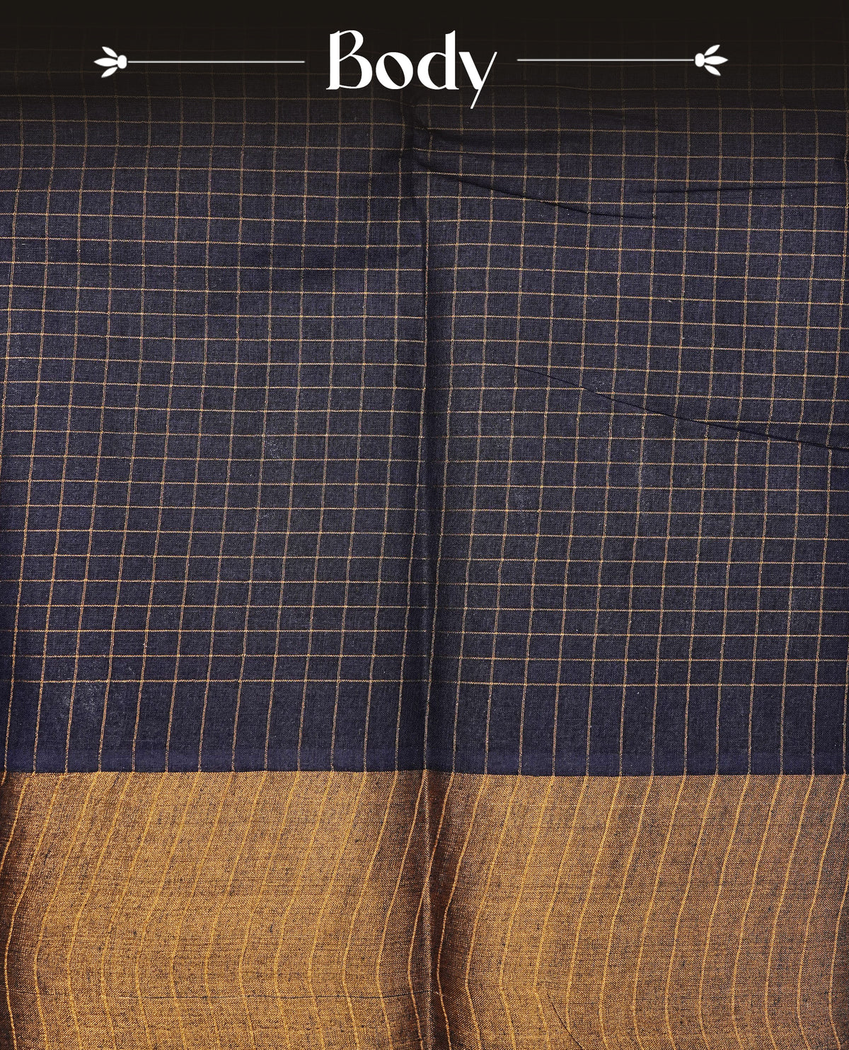 Navy blue colour Sungudi cotton saree featuring elegant gold zari checks across the body, complemented by a contrast gold zari border. Comes with a matching blouse piece.