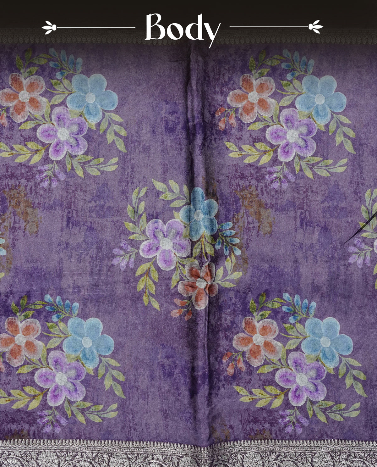 Purple colour banaras silk saree featuring Floral print on body, complemented by Light gold zari border with striped pallu, comes with matching blouse piece.