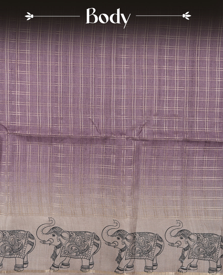 Light Purple colour semi tusser silk saree featuring Gold zari check pattern across body, faded contrast cream colour border with elephant print and paired with matching blouse.