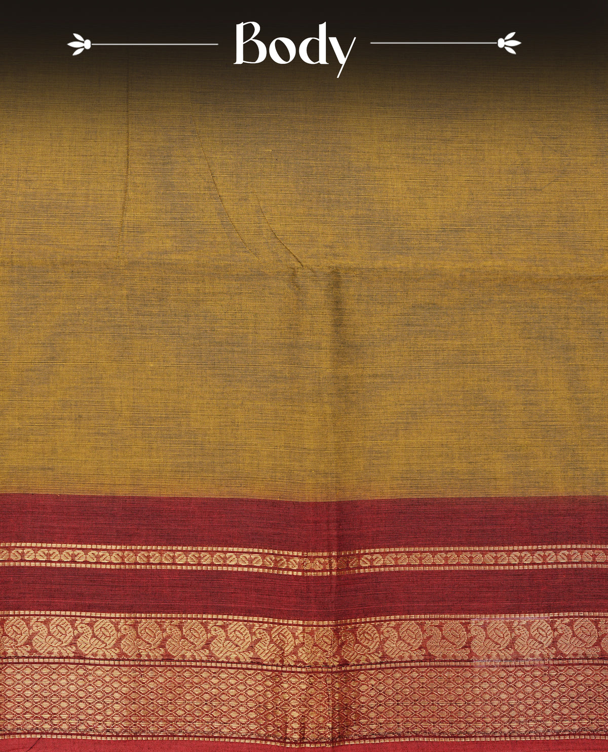 Dark mustard colour chettinad cotton saree featuring elegant plain body, Contrast Red colour with Gold zari border, comes with matching blouse piece.