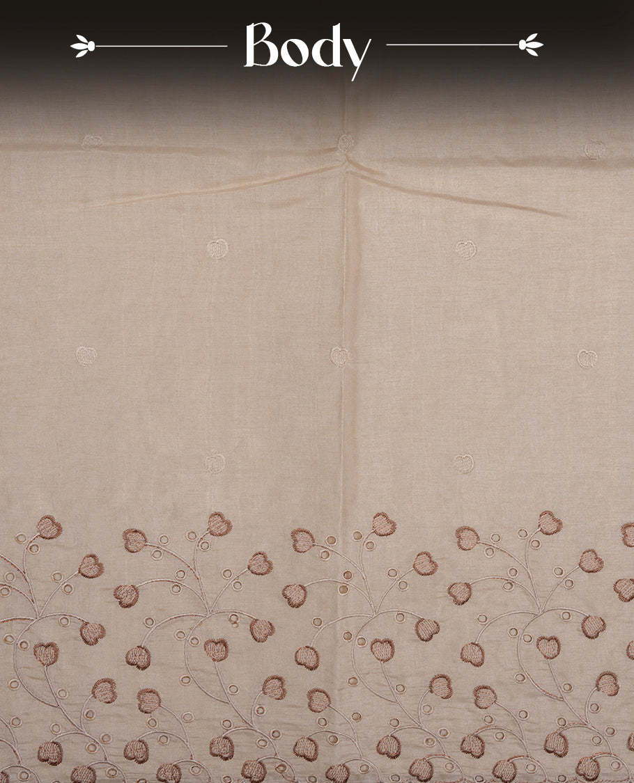 Beige colour Tussar silk saree featuring Elegant plain body, highlighting Brown colour thread floral kodi worked scalp border, pallu and paired with matching blouse piece.