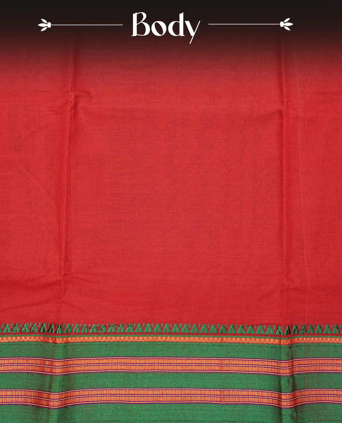 Red colour Narayanapattu cotton saree with a plain body, complemented by a Green Colour with border with elegant gold zari & green colour temple designed detailing and a contrast striped pallu, paired with a matching blouse piece.