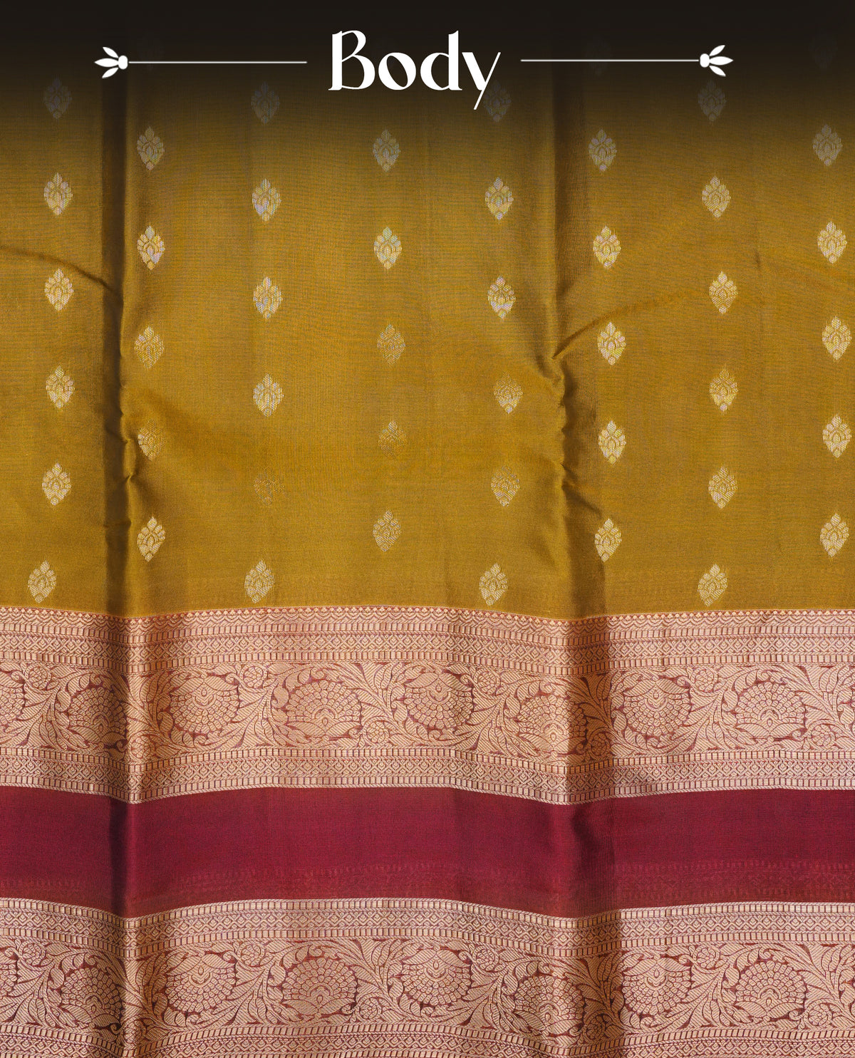 Mustard olive colour Traditional Kancheepuram Silk Saree with Elegant Gold Zari Buttas on the Body, Enhanced with a Contrast Dark red Colour with Gold Zari Border and Rich Pallu, Paired with a Matching Blouse Piece.