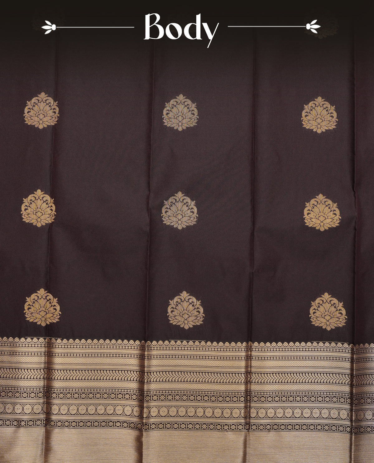 Dark chocolate colour soft silk saree featuring gold zari floral motifs on body, contrast self colour gold zari traditional border, grand pallu comes with matching blouse piece.