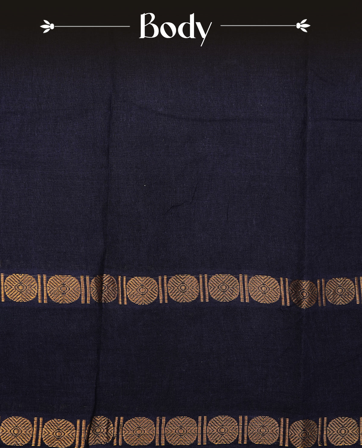 Navy Blue Colour Sungudi Cotton Saree with gold zari motifs on the body, a matching gold zari border, and a plain pallu. Paired with a contrast Red colour blouse piece featuring a gold zari peacock border.
