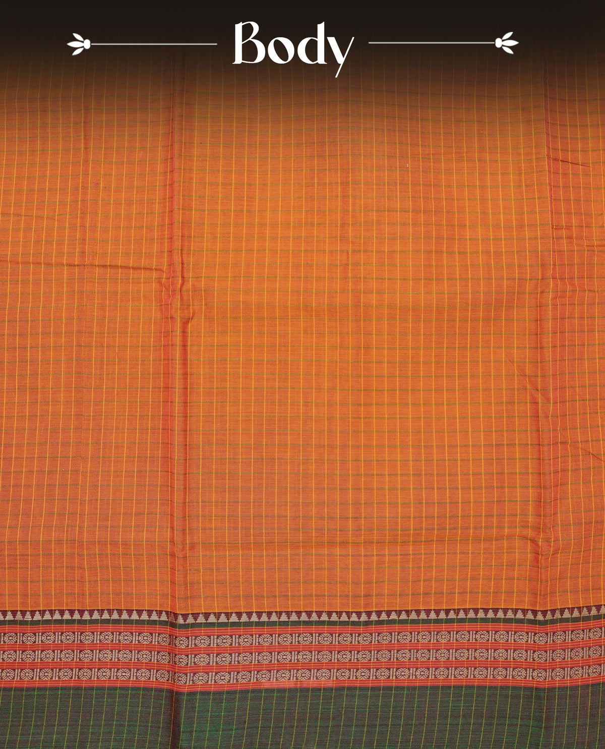 Orange colour Narayanapattu Cotton Saree featuring with a checked body, contrast grey temple design in green border, Contrast striped pallu, Paired with a matching blouse piece.