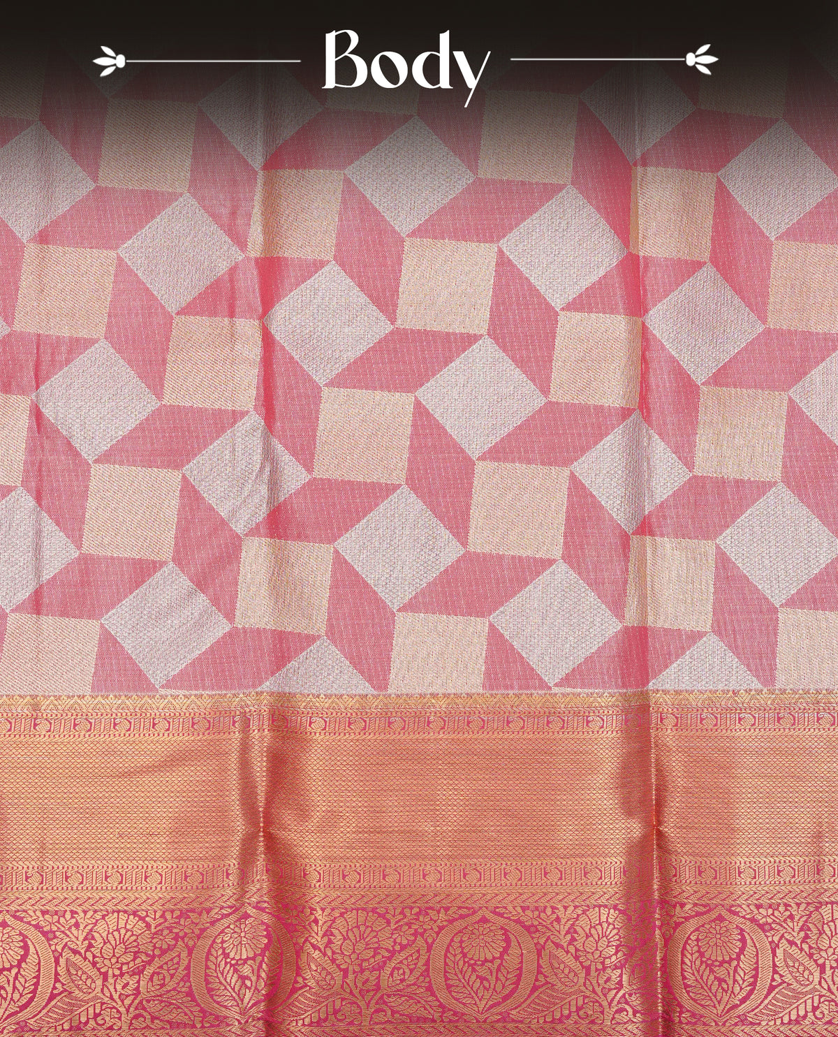 Rose Gold Colour Semi Tissue Silk Saree featuring shimmering gold and silver geometric box motifs on the body, complemented by an intricately woven floral zari pallu, a rich pink and gold zari border, and paired with a matching plain blouse piece