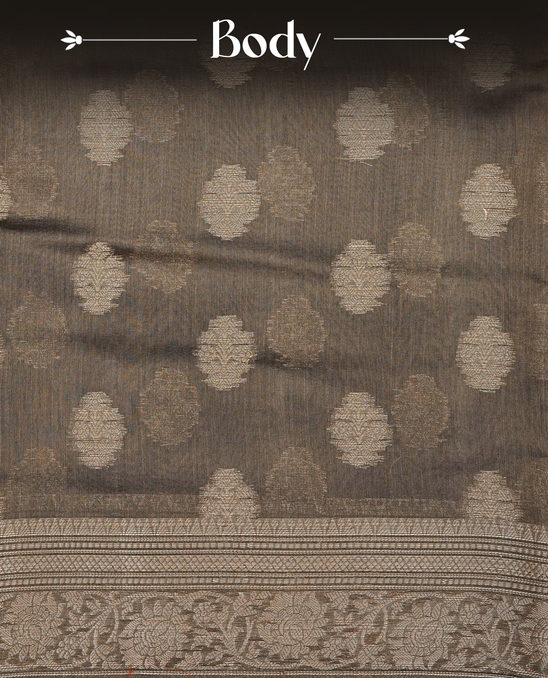 Khaki Brown Colour Tussar Silk saree with antique zari butta motifs On Body, a self-toned floral zari border, a rich zari pallu, and a matching blouse piece.