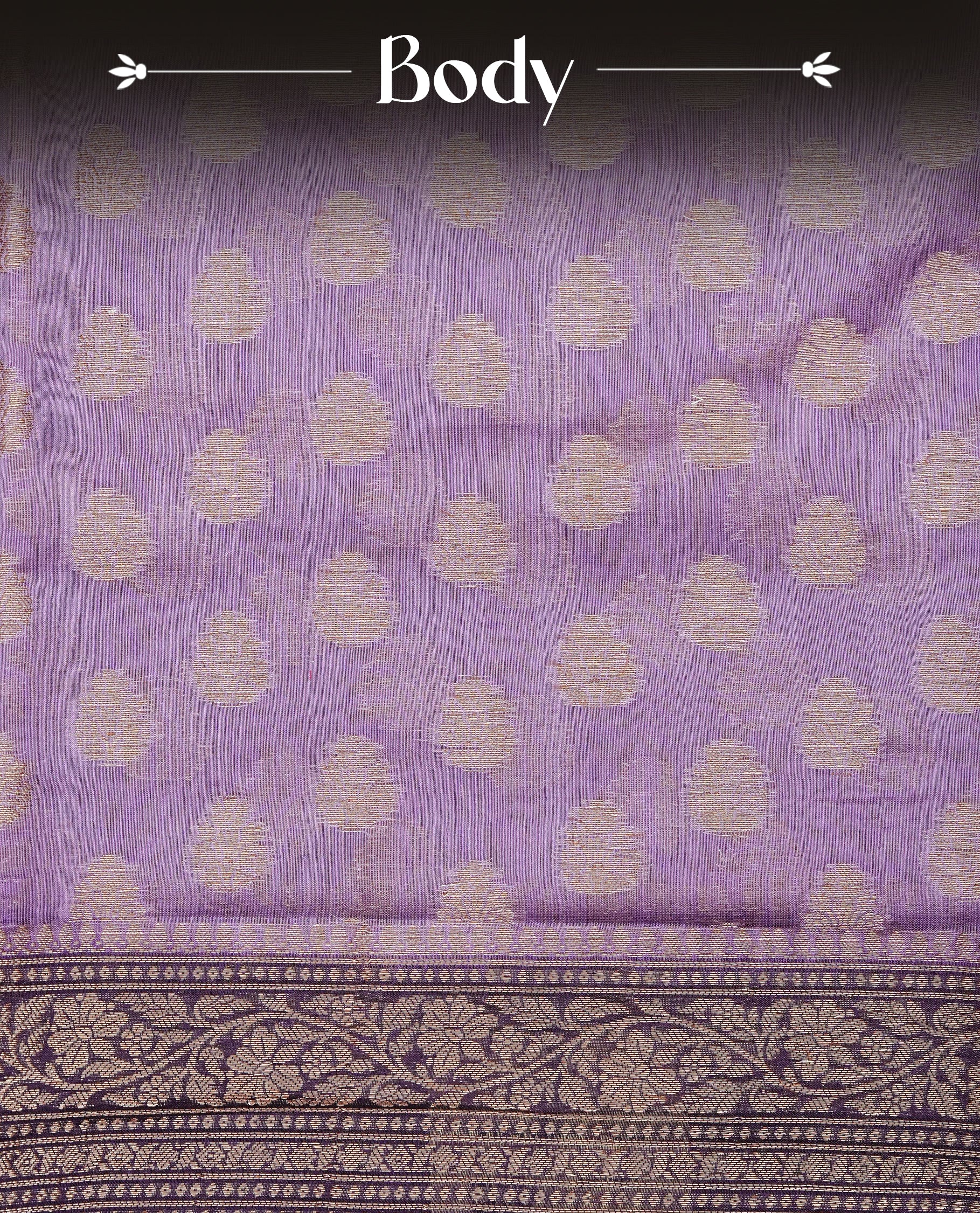 Light Purple Colour Tussar Silk saree adorned with antique zari butta motifs across the body, complemented by a contrasting Purple floral zari border and pallu, paired with a matching blouse piece.