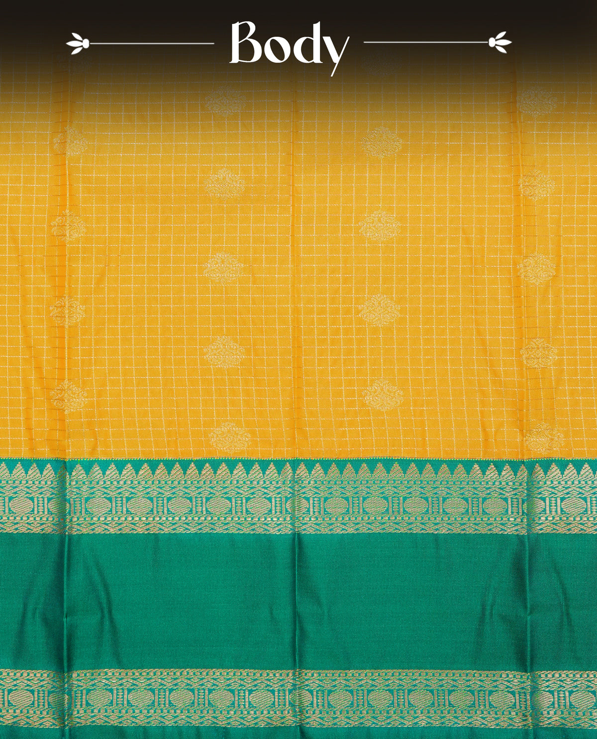 Yellow colour soft silk saree featuring gold zari checks with motifs on body, contrast teal colour traditional border, grand pallu comes with matching blouse piece.