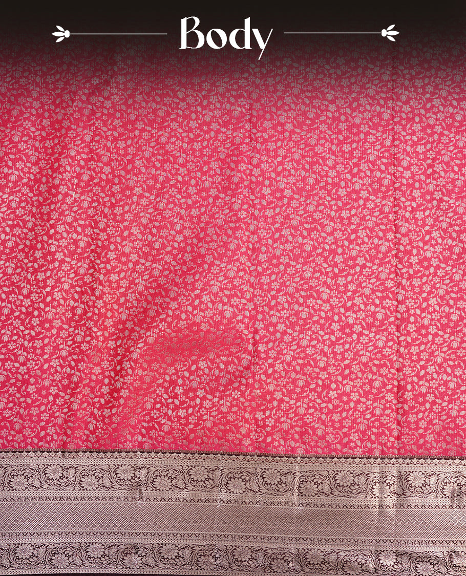 Magenta colour semi wedding saree featuring gold zari floral kodi pattern on body, complemented by contrast chocolate brown with traditional border, paired with matching blouse piece.