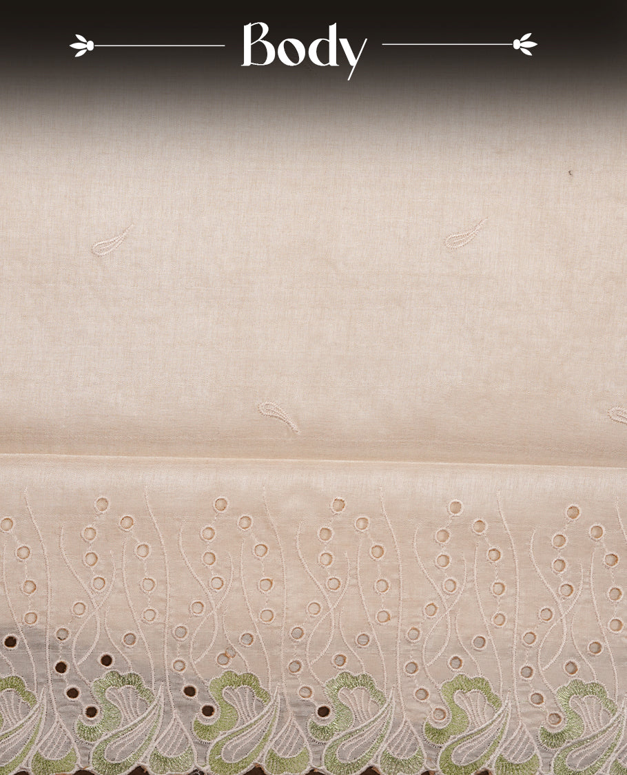 Beige colour Tussar silk saree featuring Elegant plain body, highlighting Green colour thread worked scalp border, pallu and paired with matching blouse piece.