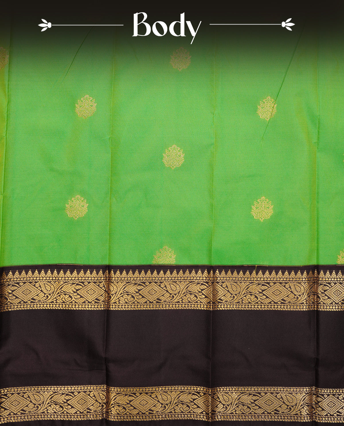 Green colour silk saree featuring gold zari motifs on body, contrast brown with gold zari traditional border, contrast grand pallu comes with matching blouse piece .