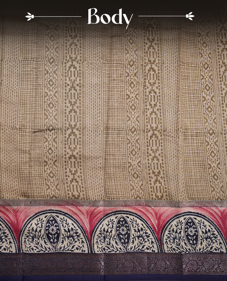 Khaki colour chanderi silk saree featuring geometric print pattern across body, with contrast Blue colour border with zari pattern and paired with matching blouse.