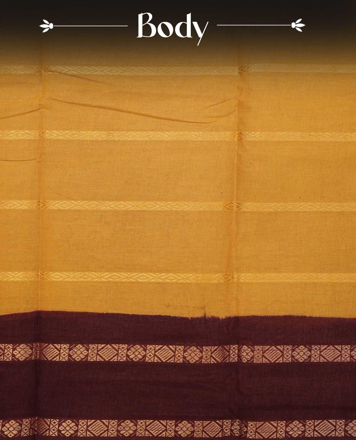 Mustard yellow colour Sungudi cotton saree featuring elegant gold zari stripes on the body, complemented by a contrast Maroon with gold zari border and pallu, paired with a matching blouse piece