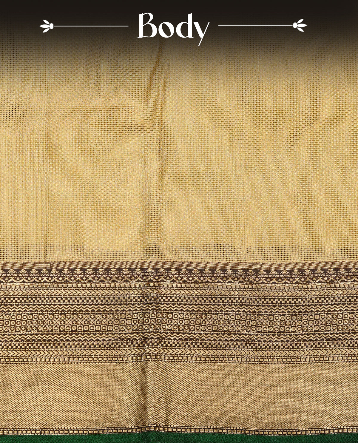 Gold Colour Semi Tissue Silk Saree featuring a lustrous self-textured body, complemented by a richly woven Green and gold zari border, an elegant geometric zari pallu and paired with a matching blouse piece.