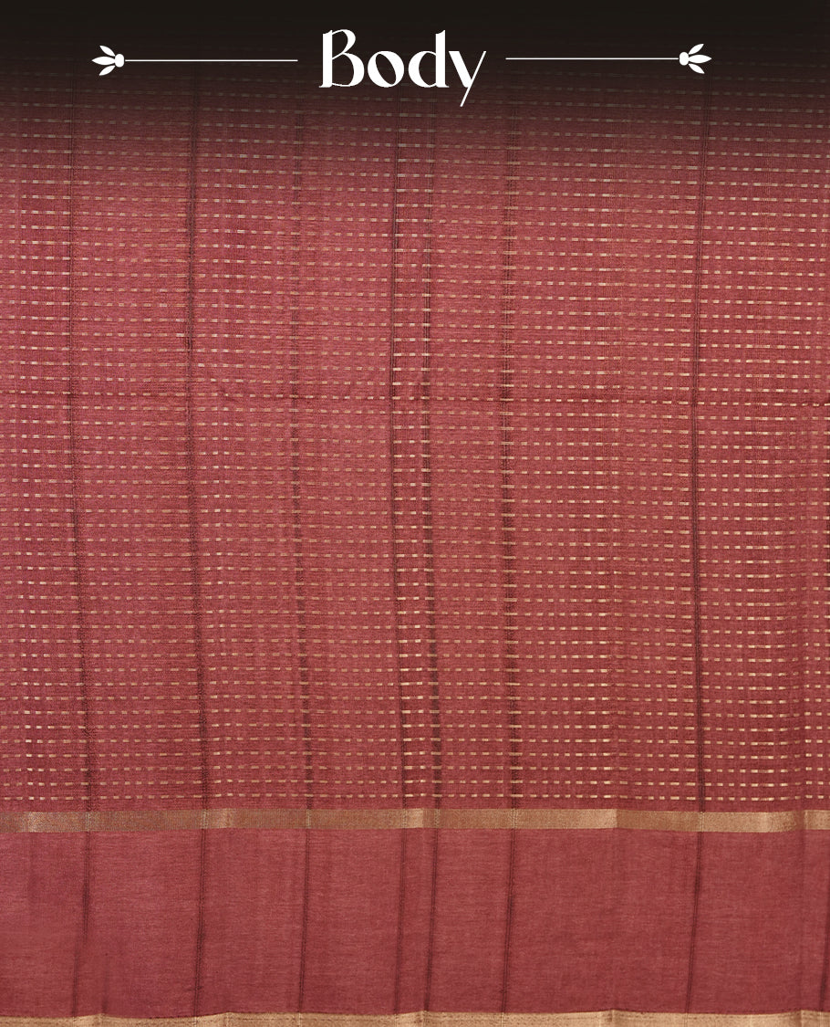 Brown colour semi tussar silk saree highlighting gold zari dotted stripes, self colour border and contrast dark brown pallu and comes with matching blouse piece.