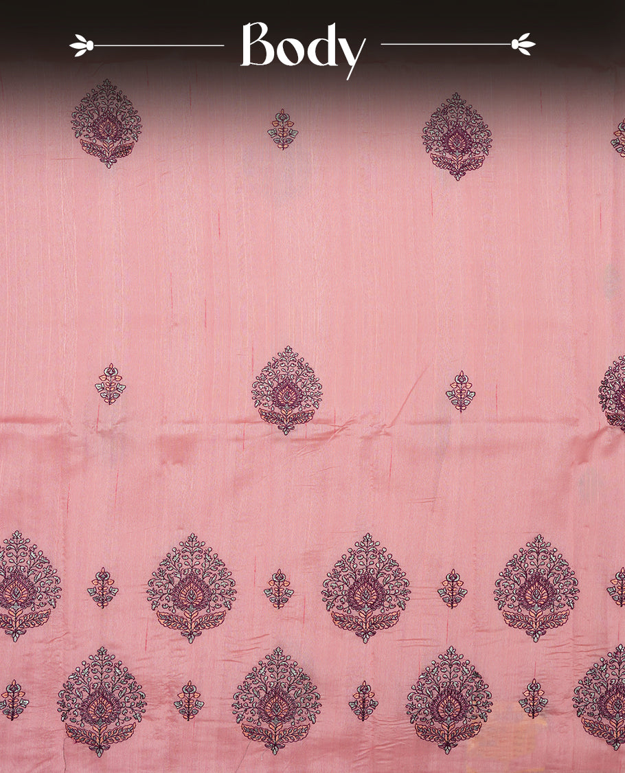 Baby Pink colour semi tusser silk saree featuring Floral thread embroidery across body, without border and paired with matching blouse.
