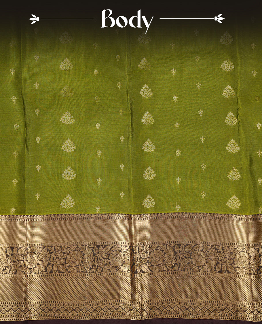 Lemon green colour soft silk saree featuring gold zari motifs on the body, complemented by a contrast chocolate traditional zari border and pallu, paired with matching blouse piece.