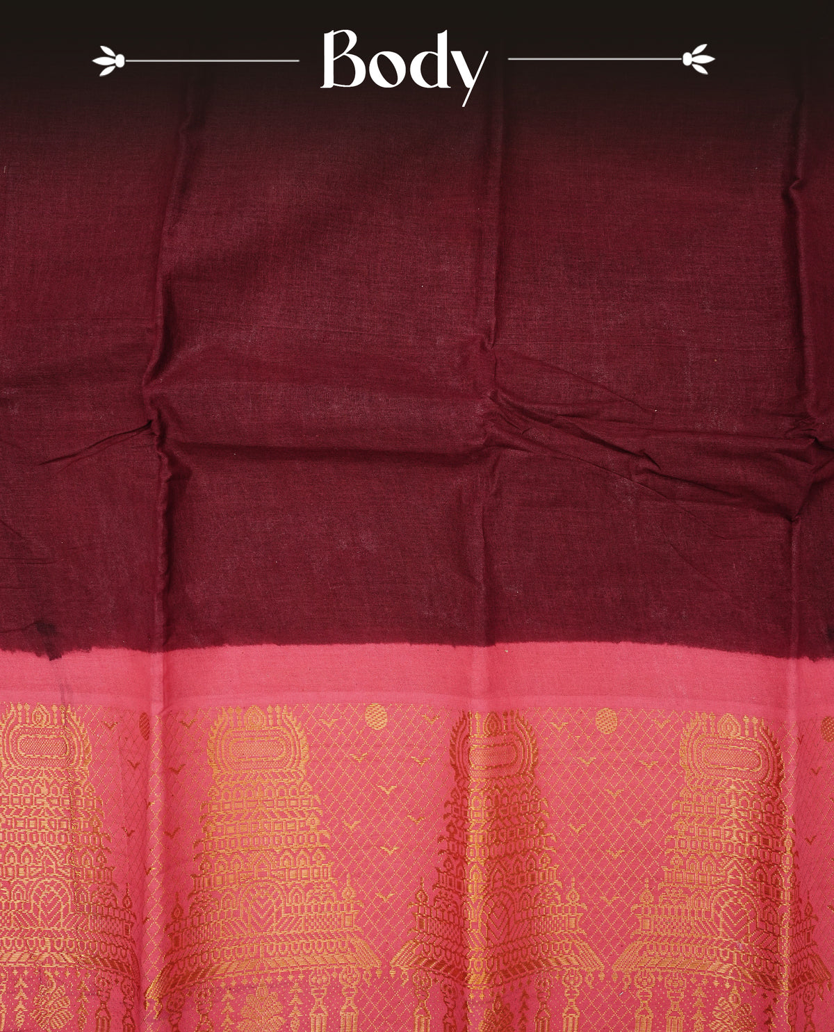 Maroon colour Sungudi cotton saree with a plain body, a contrast pink with temple zari border & pallu ,paired with a matching blouse piece.