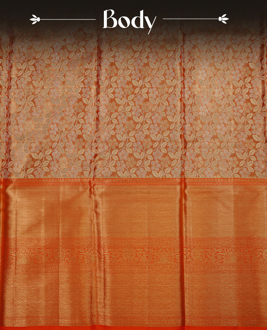 Gold & orange double shade colour kancheepuram tissue silk saree featuring gold zari floral kodi pattern on body, complemented by contrast orange colour with traditional border, paired with matching blouse piece.