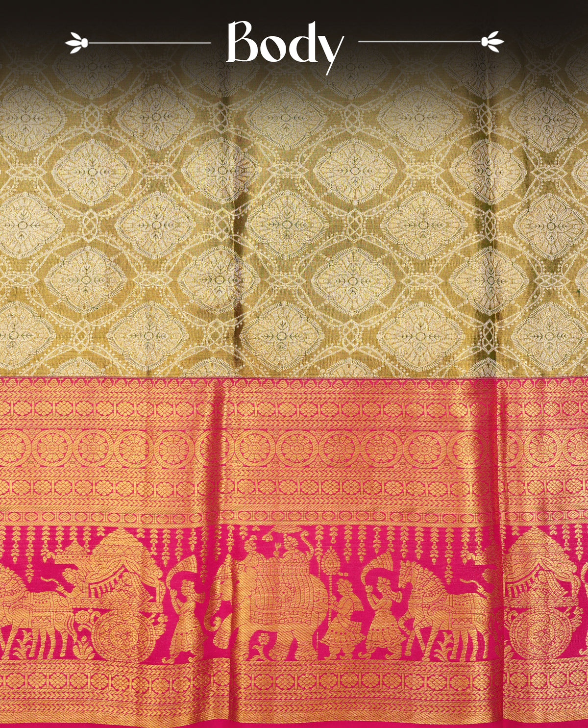 Mehandi Green colour pure tissue silk saree featuring Gold zari floral pattern on body, complemented by Dark magenta colour traditional border, comes with matching blouse piece.