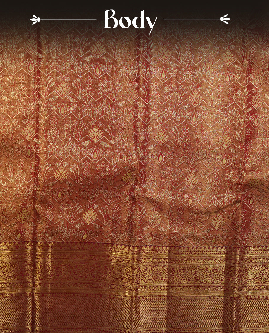 Red & gold double shade kancheepuram tissue silk saree highlighting gold floral zari pattern body, with contrast burgundy colour colour with kodi traditional border and paired with matching blouse.