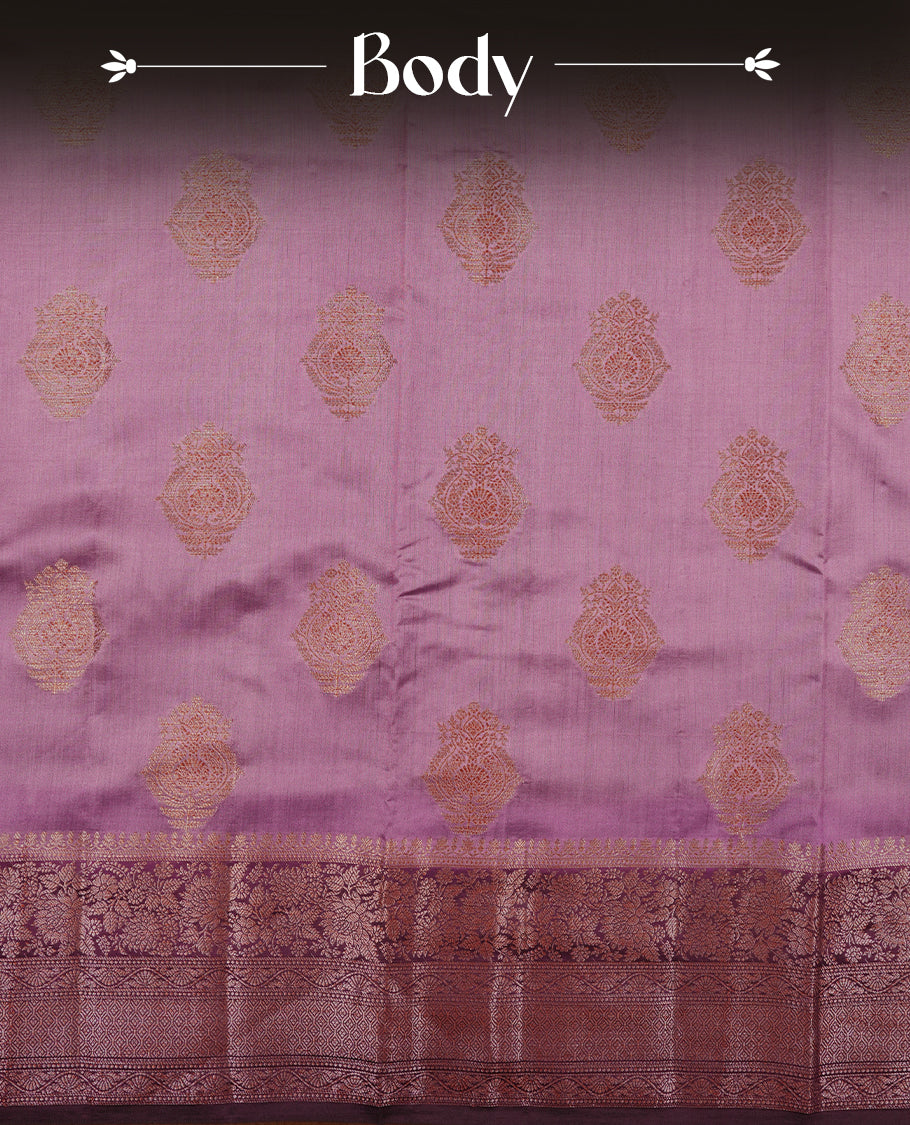 Light Purple Banaras soft silk saree with gold zari motifs on body, with contrast Deep purple colour floral pattern on pallu, border, and Matching blouse.