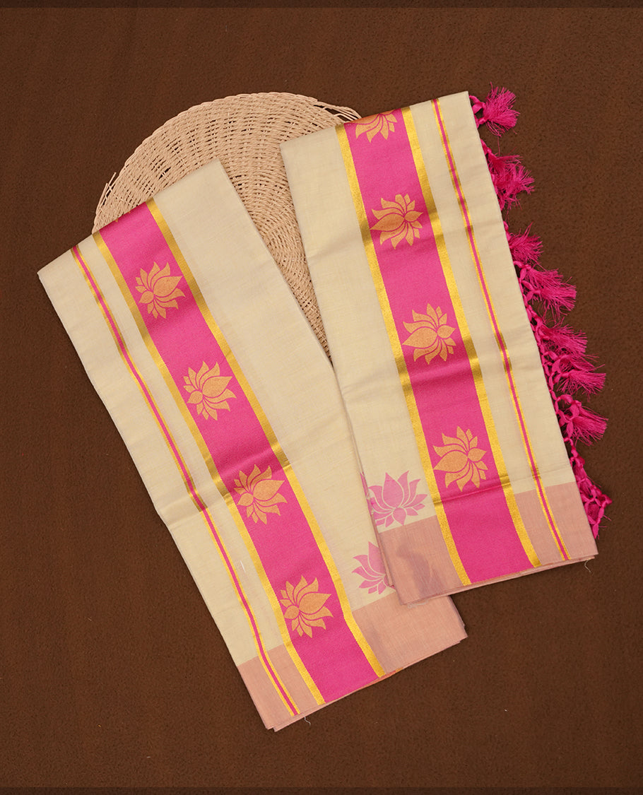 Light gold colour tissue set mundu highlights gold and pink zari border featuring gold lotus motifs across border (2.00/2.80 MTS). (Copy)