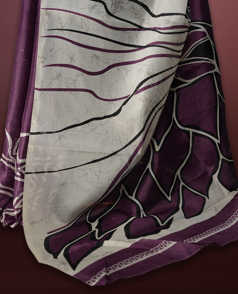 Deep wine and ivory colour saree with bold floral body, abstract line printed pallu, and a minimal border & A perfect blend of modern artistry and tradition, paired with a matching blouse for a complete look.