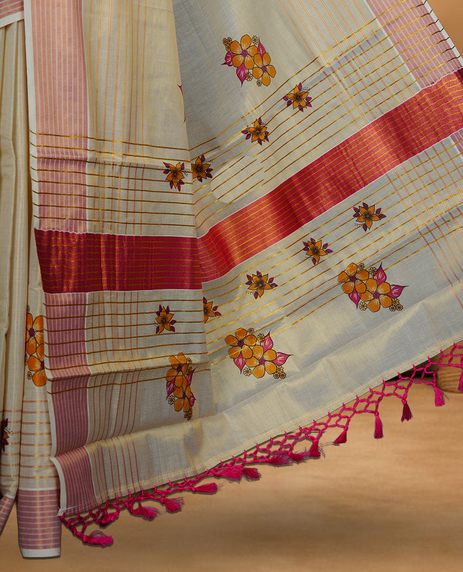 Light gold colour Tissue Kerala saree featuring a Plain body, an intricately woven gold and pink traditional border with floral print paired with a matching blouse.