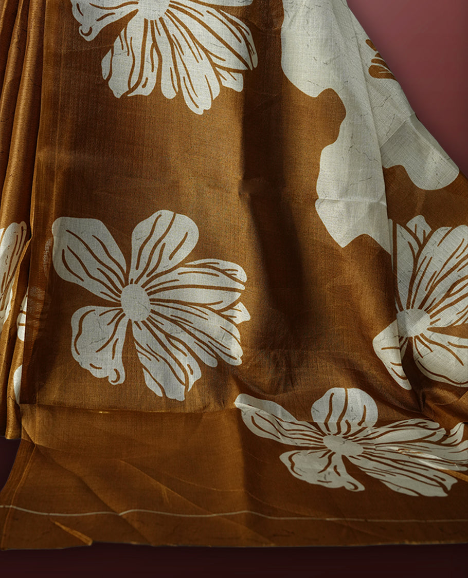 Mustard yellow and off white semi khadi silk colour saree featuring bold floral prints for a striking look, The lightweight, flowy fabric ensures effortless draping, perfectly paired with a matching blouse.