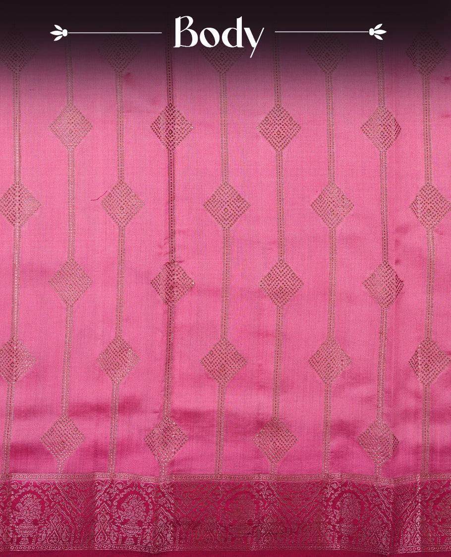 Pink Banaras soft silk saree with gold stripes with square motifs on body, with contrast magenta colour floral pattern on pallu, border, and Matching blouse.