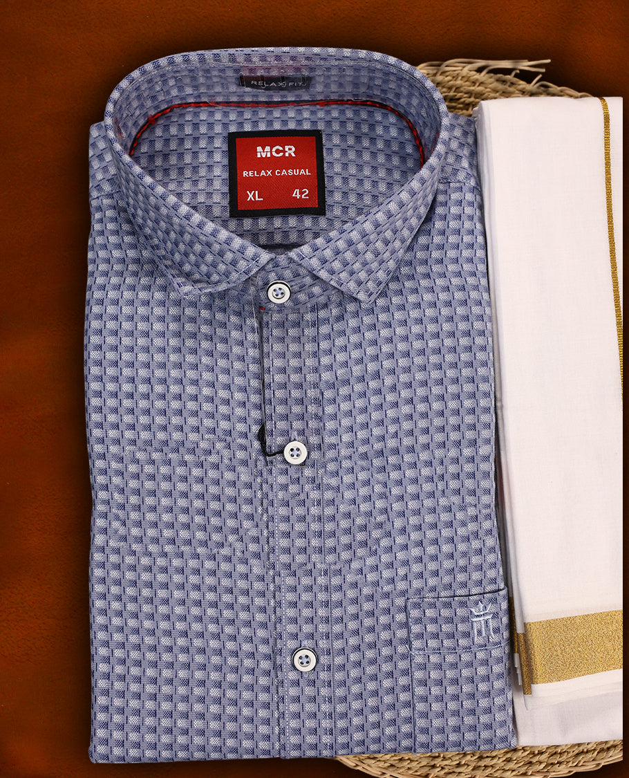 Steel blue colour MCR full sleeve shirt featuring textured self woven patterns, paired with a white dhoti accentuated by a golden zari kara and a matching steel blue patterned border.